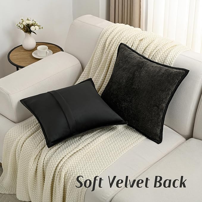 FUTEI Black Chenille Throw Pillow Covers 16x16 Inch Set of 2,Soft Cozy Bound Edge Design Cushion Case,Home Decor for Couch Bed Living Room