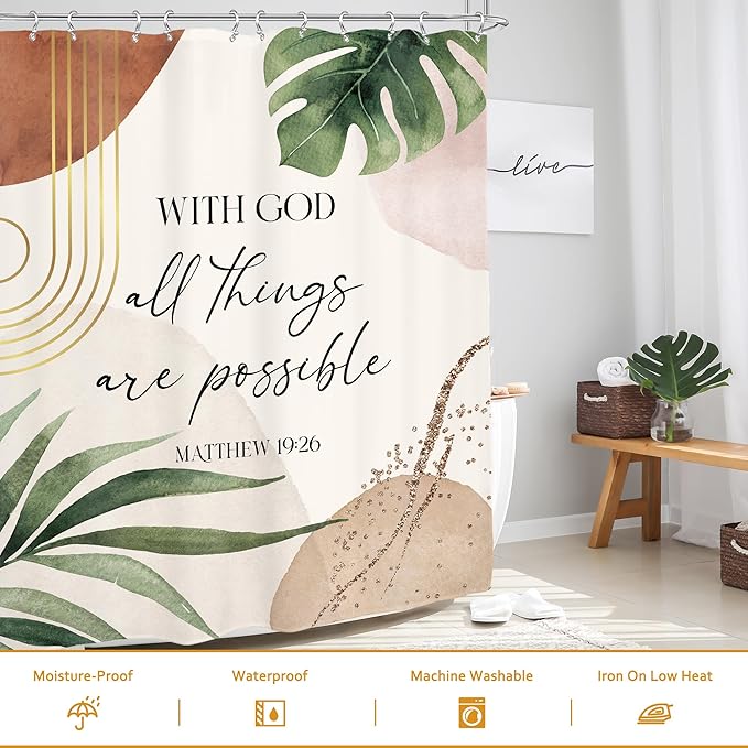 Glawry Boho Bible Verse Shower Curtain Inspirational Scriptures Quotes Abstract Tropical Palm Leaf Mid Century Bathroom Christian 72Wx72L Inches Bath Accessories Art Home Decor Fabric 12 Pack Hooks