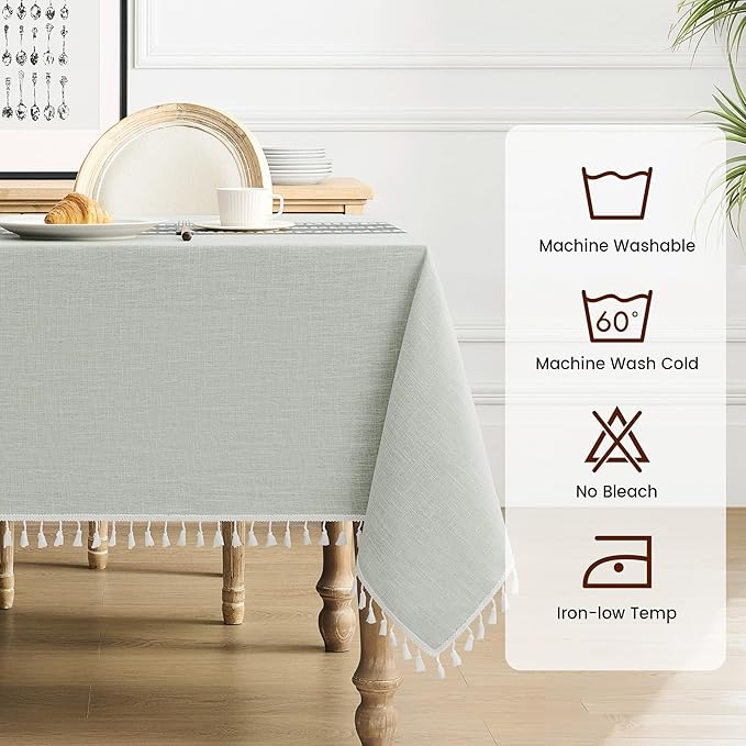 puredown® Rustic Rectangle Tablecloth, Waterproof Cotton Linen Tablecloth with Tassel, Wrinkle Free Farmhouse Table Cloths for Kitchen Dining Outdoor, 55"x70",4-6 Seats, Gray