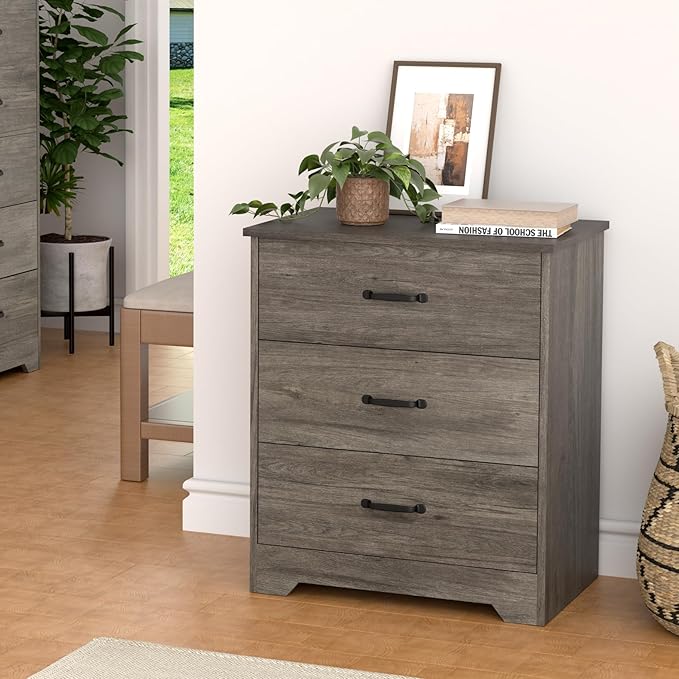 Farmhouse 3 Drawer Dresser, Small Wooden Chest of Drawers Classic White Dresser for Bedroom Living Room Entryway (Dark Gray, 3 Drawer)