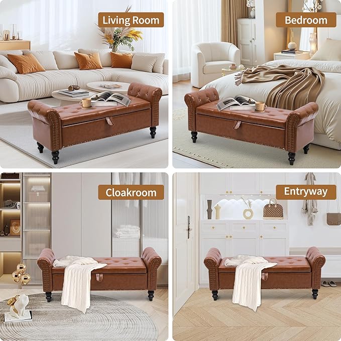 Storage Ottoman Bench with Arms, Faux Leather End of Bed Bench for Bedroom, Button Tufted Storage Bench for Entryway, Living Room, Large Storage Bench Foot Rest (New Brown)