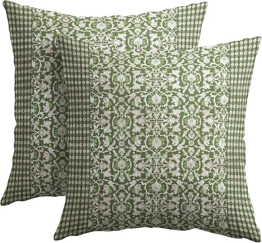 Kawani Green Antique Pillow Covers 16x16 Inch Vintage Floral Block Print Decorative Throw Pillows Set of 2 Retro Turkish Pillowcases for Couch Indoor Outdoor Home Decor