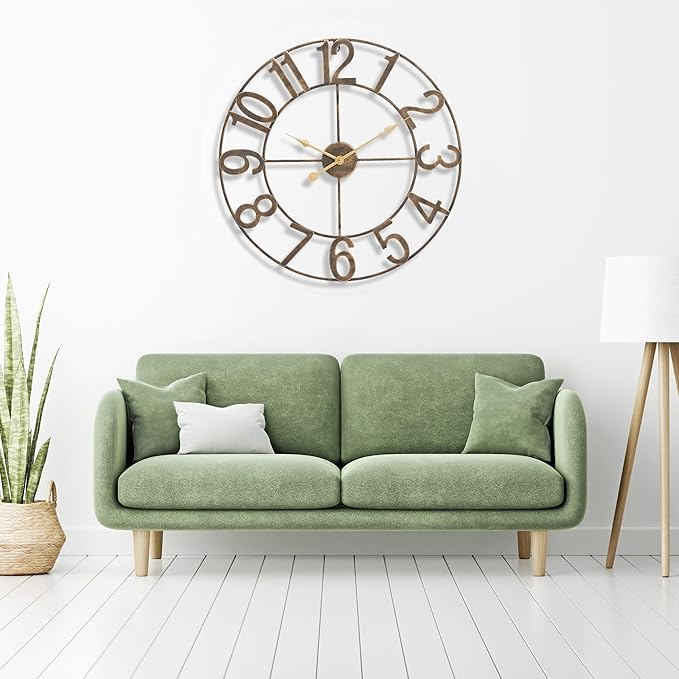 Sorbus 32-Inch Large Wall Clock – Decorative Brown Metal Clock with Gold Hands – Silent, Battery Operated, Modern Wall Decor for Living Room, Kitchen, or Office - Great Gift for Housewarming or Office