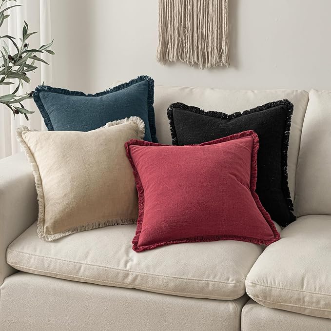 MIULEE Decorative Throw Pillow Covers Neutral Linen Fringe Throw Pillows Euro Shams Set of 2 Burgundy Boho Farmhouse Cushion Covers for Couch Sofa Bed Living Room Spring Home Decor 22x22 Inch