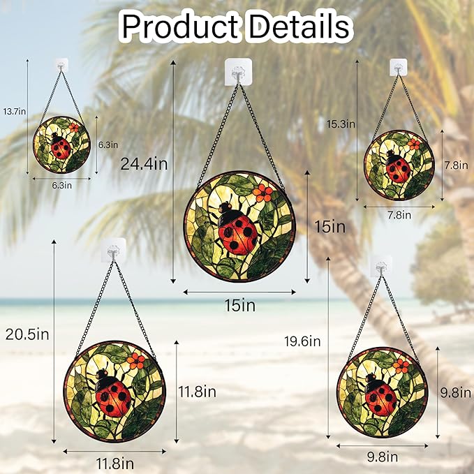 Stained Glass Window Hanging - Red Ladybug Green Plant Flower Sun Catcher for Door Home Decor Insect Suncatcher Christmas Mother's Day Birthday Gifts for Women Men Mom Nana 7.8 in
