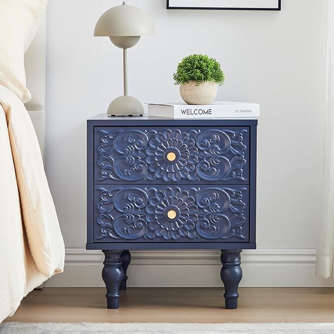 Nightstand, Farmhouse Bedside Table with 2 Drawers and Metal Handles, Wood Sofa Side Table End Table Accent Dresser for Bedroom, Living Room (Blue-2 Packs)