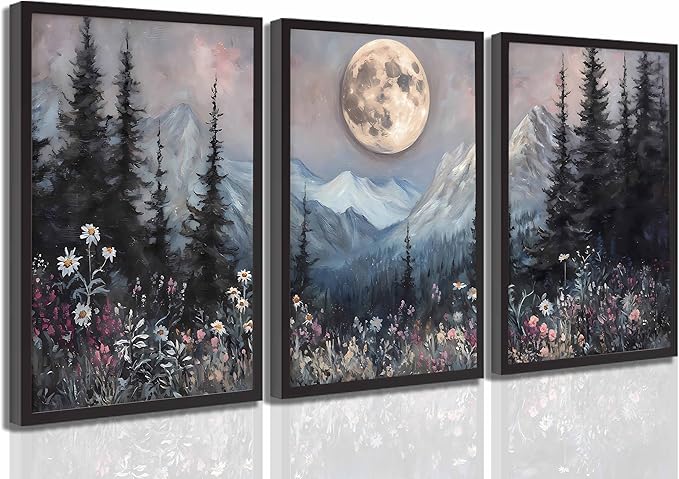 3Pcs Full Moon Forest Canvas Wall Art Vintage Moonlit Pine Tree Mountains and Wildflowers Woodland Nature Landscape Picture Wall Decor Poster Print Artwork for Bedroom Living Room Decor Unframed
