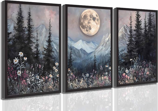 3Pcs Full Moon Forest Canvas Wall Art Vintage Moonlit Pine Tree Mountains and Wildflowers Woodland Nature Landscape Picture Wall Decor Poster Print Artwork for Bedroom Living Room Decor Unframed