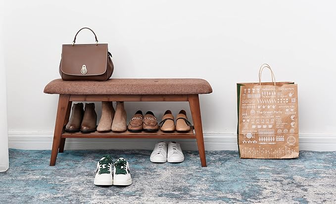 Shoe Entryway Bench, Bamboo Shoe Rack Bench, Organizer with 2 Tier Storage Simple Style Good Load Bearing, Ideal for Entryway Hallway Living Room,(Brown,35.4'')