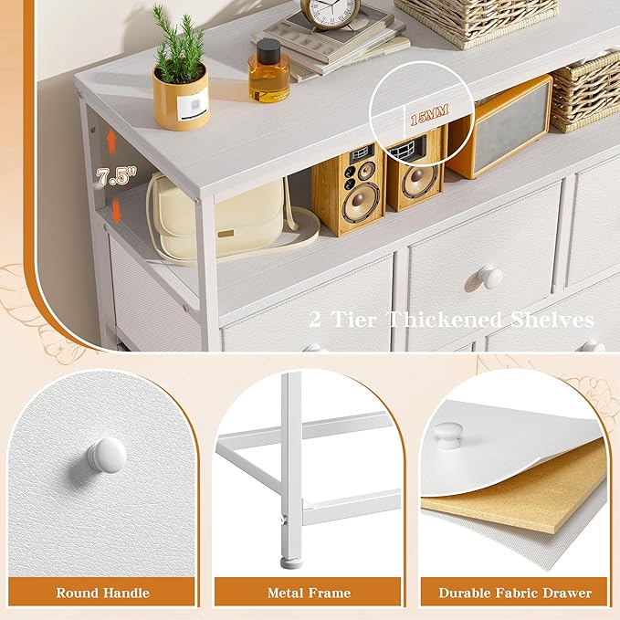 EnHomee Dresser for Bedroom with 7 Drawers and 2 Shelves,Tv Stand for Bedroom White Fabric Dresser for Closet,Hallway,Entryway,Dormitory
