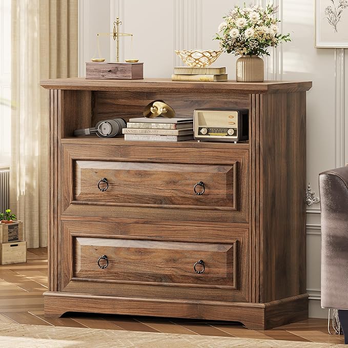 Itaar 2 Drawer File Cabinet, Farmhouse Filing Cabinet for Home Office Fits Letter, Legal, A4 Size, Wood Lateral File Cabinet with Printer Stand, Storage Shelf, Brown