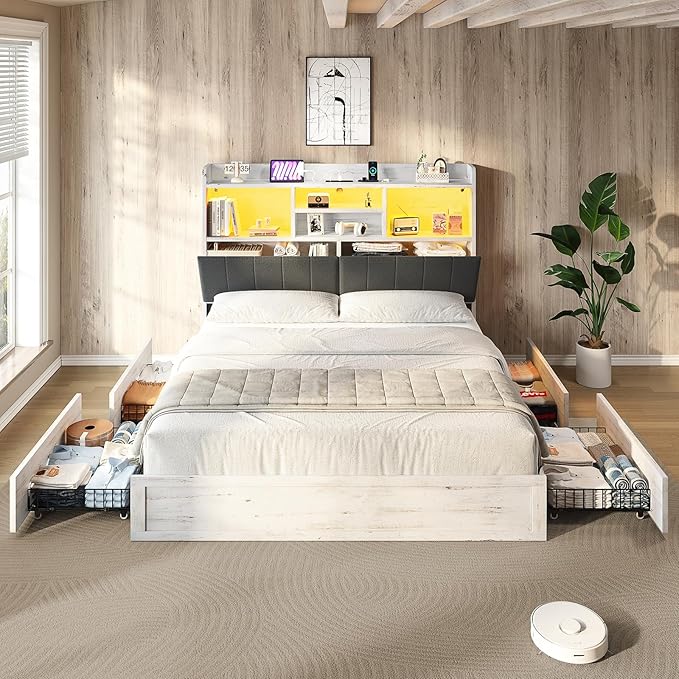 King Farmhouse Bed Frame with Bookcase Headboard and 4 Drawers, LED Storage Bed with Charging Station & Linen Upholstered, No Box Spring Needed, Distressed White