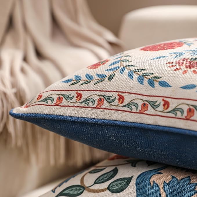 patdrea Designer Throw Pillow Covers Set of 2,Lumbar Brilliant Vintage Red Tropical Linen with Floral Pattern Pillow Cover,Decorative Rectangle Pillowcases Cushion for Bed Living Room,12"x20"