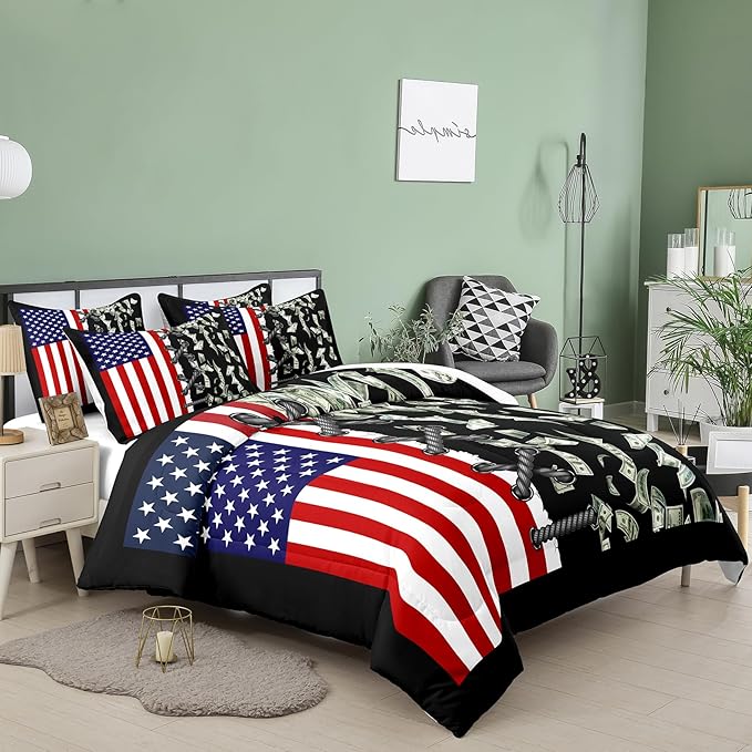 Tailor Shop American Flag Comforter Sets King Size,Money Comforter Set American Flag Bedding Sets for Kids Boys Teens One Hundred Dollar Bedding Sets 3 Piece with 1 Comforter and 2 Pillowcase……