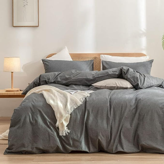 BESTOUCH Duvet Cover Set 100% Washed Cotton Linen Feel Super Soft Comfortable Chic Lightweight 3 PCs Home Bedding Set Solid Dark Grey Cal King