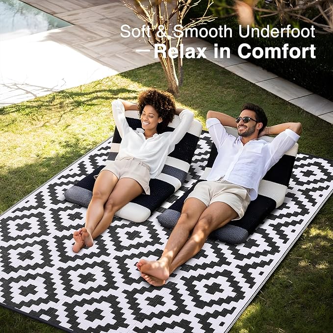 OLANLY Waterproof Outdoor Rug 9x18 ft, Outdoor Plastic Straw Rug for Camping, RV Mat Outside, Indoor Outdoor Carpet for Porch, Deck, Backyard, Balcony, Picnic, Black & White