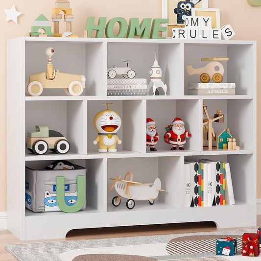 Book Shelf for Kids, 10 Cubes Storage Organizer Montessori Bookshelf, 3-Tier Wooden Kids Bookcase, Toy Storage Organizer for Children, white Toddler Bookshelf Cube Shelf for Kid’s Room, Classroom
