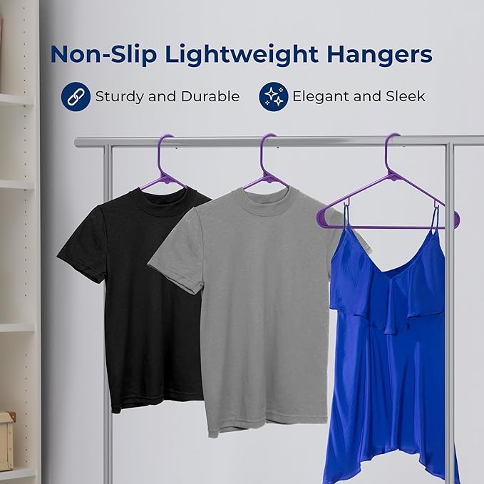 SereneLife 30 Pack Plastic Clothes Hangers – Non-Slip, Heavy Duty Adult Coat Hanger Set with 360° Swivel Hook – Slim, Space-Saving Closet Organizers for Shirts, Pants & Jackets – Purple