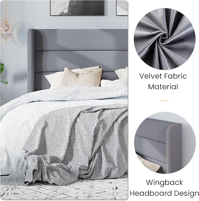 SHA CERLIN Full Size Velvet Bed Frame/Vertical Channel Tufted Wingback Headboard/Upholstered Platform Bed with Wooden Slats/Mattress Foundation/No Box Spring Needed/Easy Assembly/Grey
