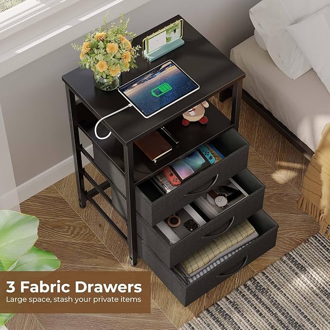 Seventable Nightstand with Charging Station and LED Light, Side Table with 3 Fabric Drawers, Bedside End Table with USB Ports and Outlets, Night Stand for Bedroom, Black