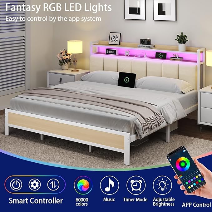 King Size Bed Frame with Storage Headboard, Metal Platform Bed Frame King Size with LED Lights and Charging Station, Heavy Duty Metal Slats, No Box Spring Needed, Easy Assembly, Beige