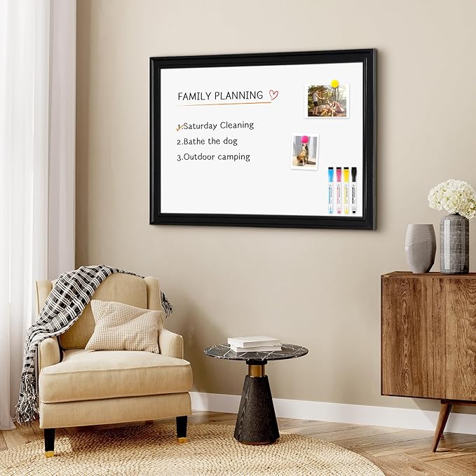 4 THOUGHT Dry Erase Board, 24 x 36 in Magnetic Whiteboard Black Vintage Wood Frame Wall-Mounted White Board Decorative Notice Board for School, Office, Home, Kitchen with 6 Magnets 4 Markers 1 Eraser