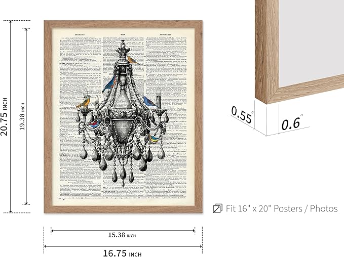 Poster Master Dictionary Art Poster - Antique Chandelier Print - Bird Art - Baroque Art - Gift for Men & Women - Chic Decor for Living Room, Dining Room, Bedroom or Kitchen, 16x20 Beige Framed