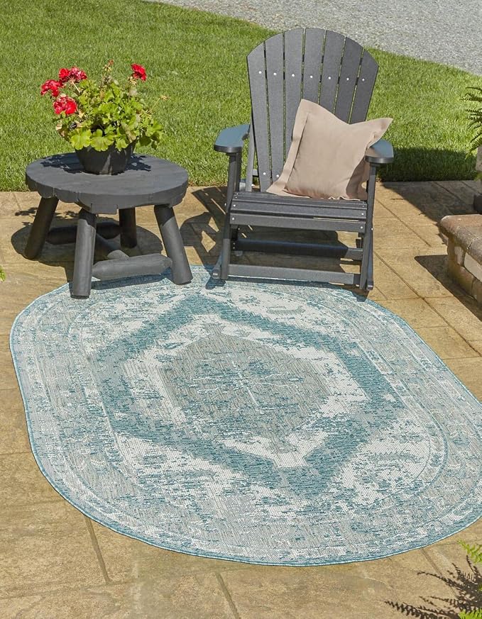 Unique Loom Outdoor Traditional Collection Area Rug - Valeria (5' 3" x 7' 10" Oval, Aqua/ Ivory)