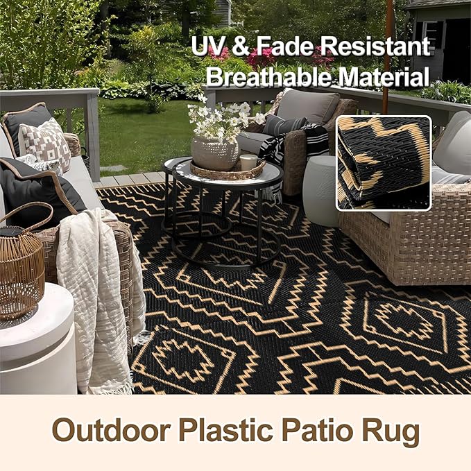 Wonnitar 8x10 Outdoor Rug, Large Waterproof Reversible Outdoor Patio Area Rug, Indoor/Outdoor Plastic Straw Portable Camping Rug for Outside RV Balcony Garden Deck (Black & Brown,8'x10')