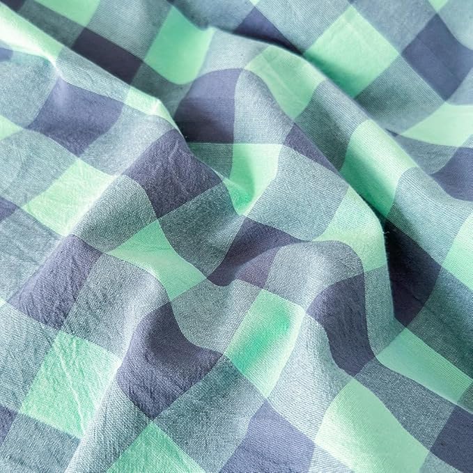 FACE TWO FACE Bedding Duvet Cover Set100% Washed Cotton Duvet Cover Linen Like Textured Breathable Durable Soft Comfy (King, Blue Green Grid)