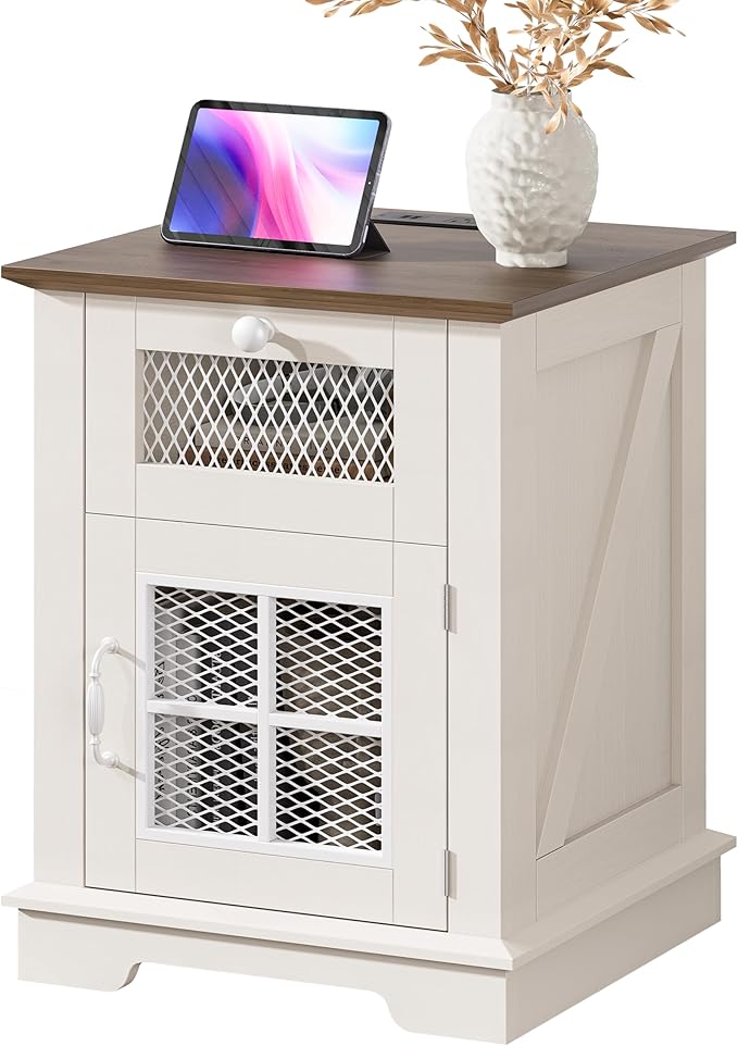 Nightstand with Charging Station, Farmhouse Night Stand with 1 Drawer and 1 Cabinet Magnetic Metal Mesh Barn Door, Rustic Wood Bedside for Bedroom, End Table, White