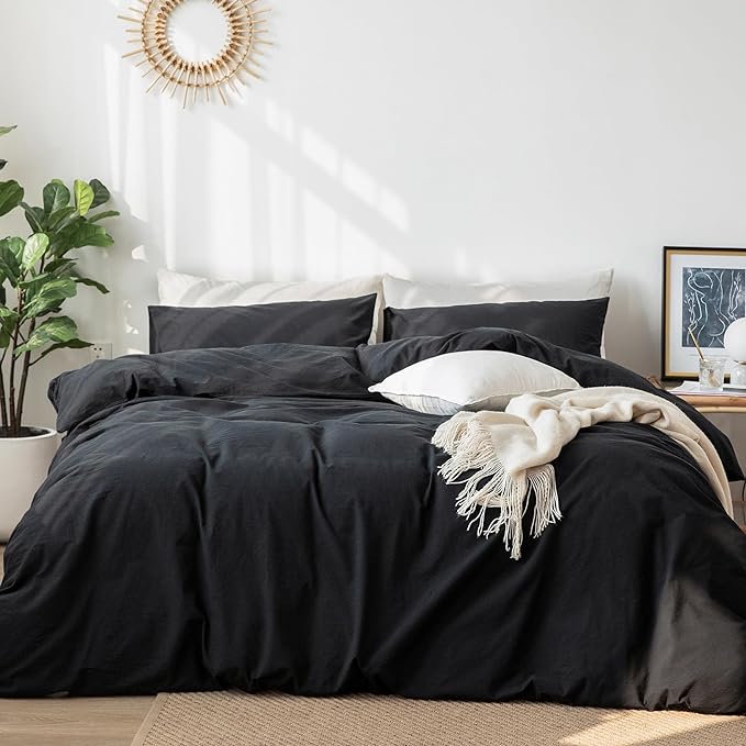MooMee Bedding Duvet Cover Set 100% Washed Cotton Linen Like Textured Breathable Durable Soft Comfy (Solid Black, Super King Plus 120"x120")
