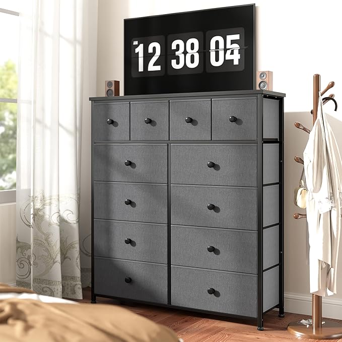 Dresser for Bedroom with 12 Drawers Tall Dressers for Bedroom Fabric Dressers & Chest of Drawers with Sturdy Metal Frame, Wood Top, for Woman, Closet, 40.6" W x 11.8" D x 44.5" H (Grey)