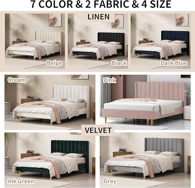 King Size Upholstered Platform Bed Frame with Modern Wingback & Vertical Panel Headboard, Linen Fabric, Wooden Legs & Slats Support, No Box Spring Needed, Noise-Free & Easy Assembly, Beige
