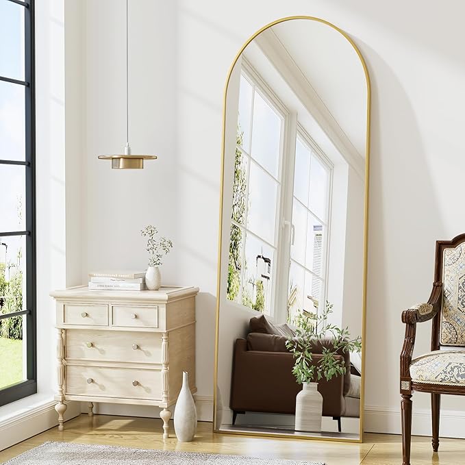 Arched Floor Mirror, 56"x20" Full Length Mirror, Standing Mirror Hanging or Leaning, Body Mirrors with Stand, Wall Mounted Arched-Top Mirrors with Aluminum Frame for Bedroom (Gold)