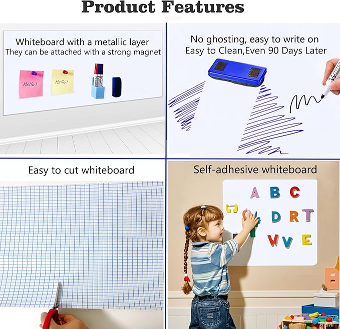 Magnetic Dry Erase Whiteboard Paper 17" x 24" Self Adhesive White Board Sticke with Marker, Magnetic Eraser, Magnets for Kid Whiteboard Stick Wall Peel and Stick Wallpaper Office Home