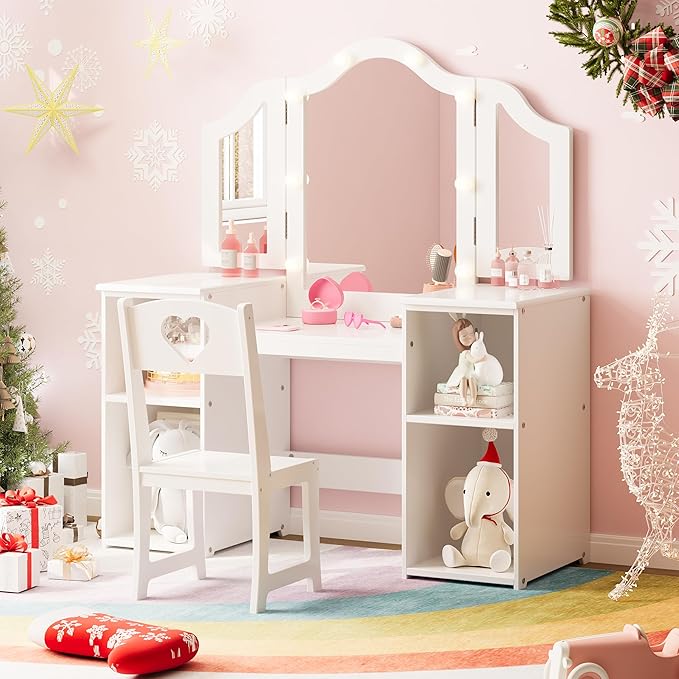 GarveeHome Kids Vanity with Lights Storage Cabinet & Touch Light Detachable Tri-Folding Mirror, 2 in 1 Toddler Vanity Table & Chair Set Wooden Girls Vanity Dress Table for Girls