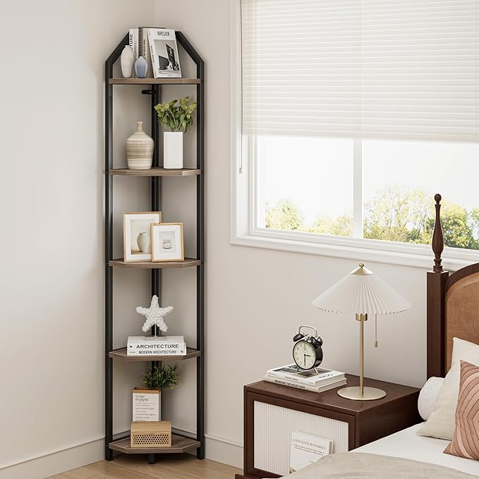 5-Tier Corner Shelf | 70 Inch Tall Bookshelf & Plant Stand, Heavy Duty Storage for Home Office & Living Room - Black