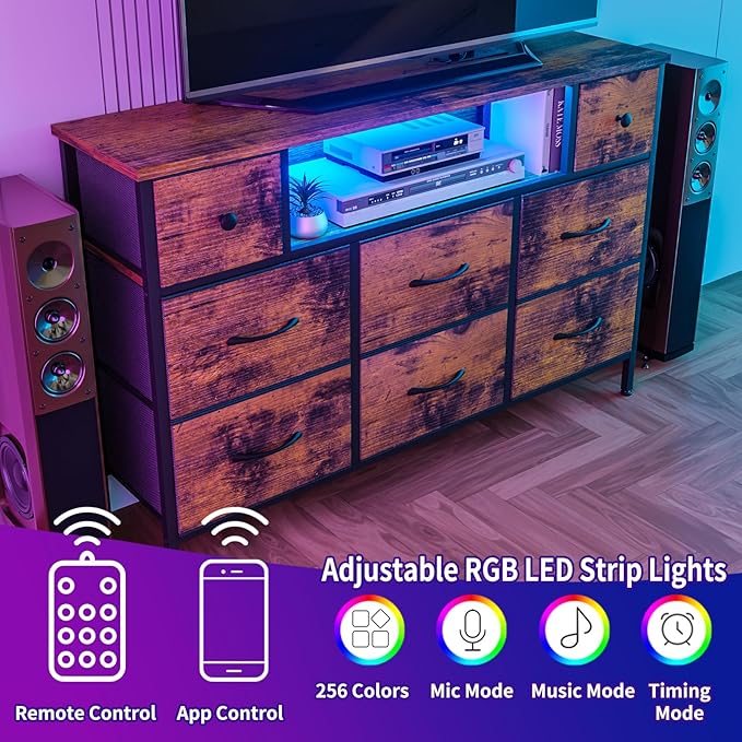 Fixwal TV Stand Dresser for Bedroom with Storage and LED Lights, Rustic Brown 55" TV Stand with 8 Drawers, Fabric Chest of Drawers with Wood Grain Finish for Entryway