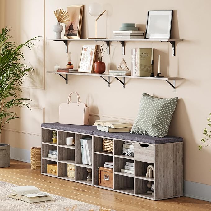 DINZI LVJ Shoe Bench, 9 Cubbies Shoe Organizer for Entryway, Storage Bench with Cushion, Cubby Shoe Rack with Adjustable Shelves for Living Room, Bedroom, Mudroom, Hallway, Greige