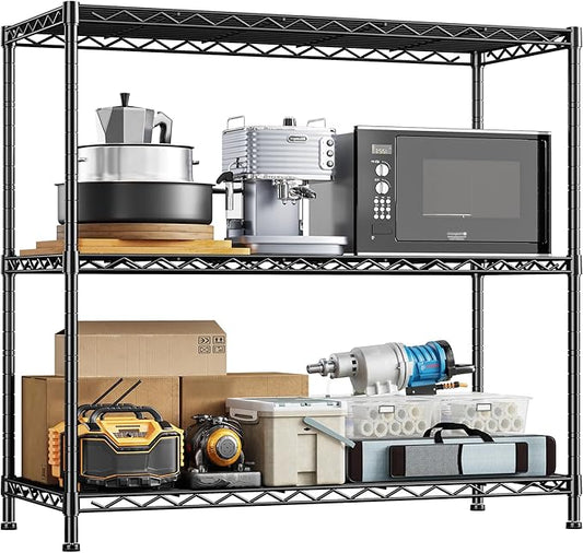 3- Shelf Metal Shelving Unit Adjustable Storage Shelves Heavy Duty Garage Shelving Steel Wire Shelving for Laundry Bathroom Kitchen Pantry Closet Garage Black, 35.6Wx14Dx36H