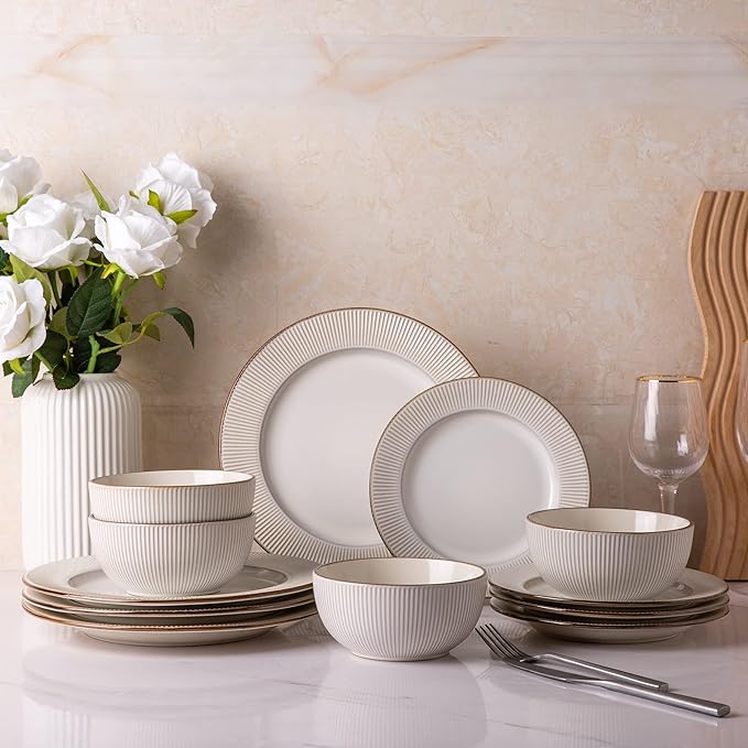 GBHOME Ceramic Dinnerware Sets,12 pcs Embossed Elegant Stoneware Plates and Bowls Sets, Housewarming Wedding Gift | Dishwasher & Microwave Safe | Dishes Set Service for 4