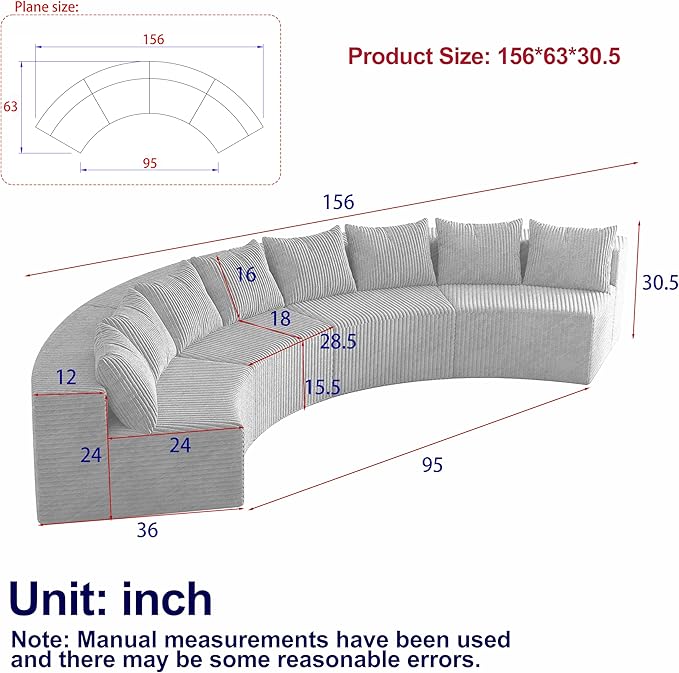 KEIKI 4 Seat Corduroy Curved Sectional Sofa, Symmetrical Modular Semi Circular Couch, Deep Seat Tufted Corner Sofa for Living Room, Lobby, Black
