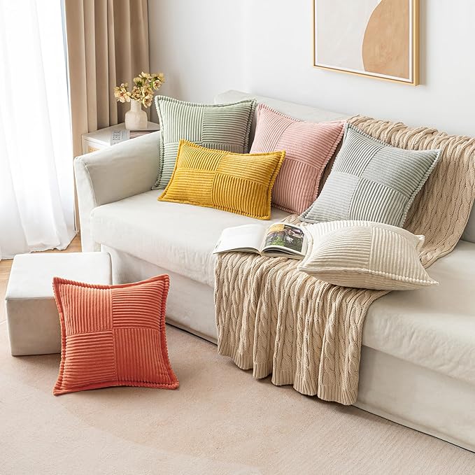 MIULEE Orange Fall Decorative Lumbar Throw Pillow Covers for Couch Bed Livingroom 12x20 Inch Set of 2 Boho Accent Throw Pllows Broadside Striped Patchwork Soft Corduroy Pillowcases