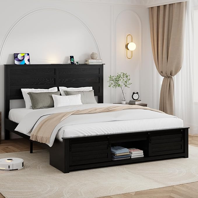 Full Size Bed Frame with Wood Headboard, Wooden Platform Bedframe with Sliding Barn Door Footboard and Charging Station Easy Assembly, No Box Spring Needed (Black, Full)