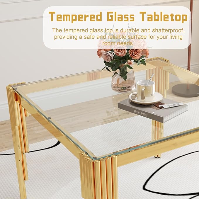 5 Piece Glass Dining Table Set, 35" Square Glass Kitchen Table with 4 White Velvet Upholstered Chairs, Gold Dining Table for 4 with Chairs Set for Kitchen, Living Room