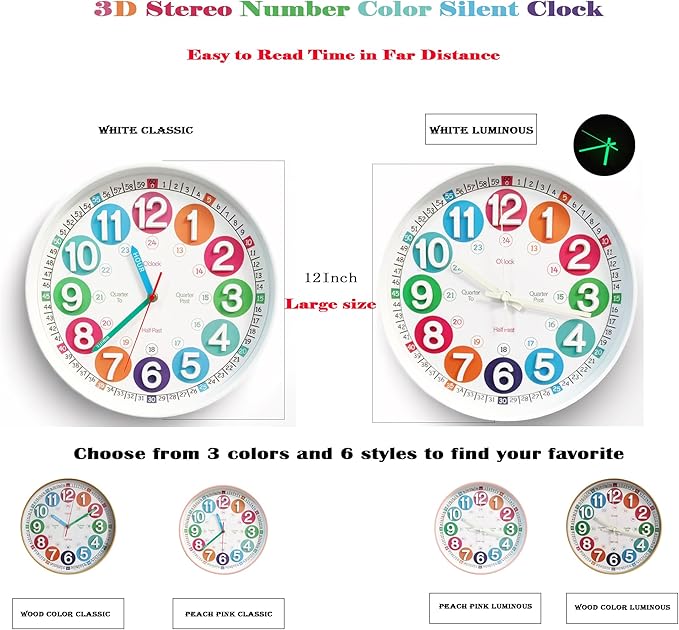 Learning Time Clock for Kids, 12 Inch 3D White Luminous Silent Wall Clock, Bedroom, Kitchen, Classroom, Decor at School, Clear Digital Clock for Kids Room
