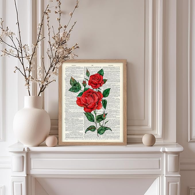 Poster Master Dictionary Art Poster - Red Roses Print - Flower Art - Floral Art - Gift for Men, Women & Florist - Minimal Decor for Living Room, Bedroom, Dorm or Flower Shop, 8x10 Beige Framed