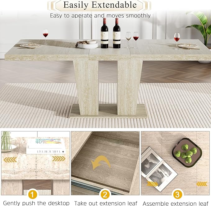 Goujxcy 5-Piece Extendable Dining Table Set for 4, 63-78 Inch Faux Travetine Kitchen Table Set with 4 Grey Upholstered Chairs Modern Wood Expandable Dining Room Table Set for Kitchen Apartment