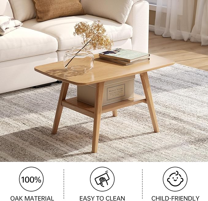 100% Solid Wood Coffee Table for Living Room, 2-Tier Mid Century Modern Small Tables with Shelf Storage, Storage Coffee Table with Rounded Corners (Oak Wood Log Color, 31.5'' L)